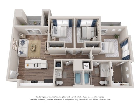 Floor plan for 3 beds, 2 baths, 1113 sqft